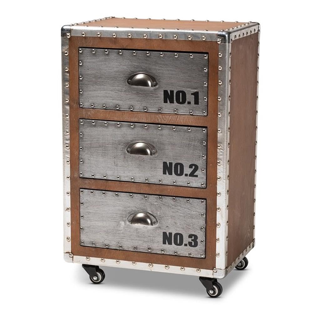 Baxton Studio Avere French Industrial Brown Wood and Silver Metal 3-Drawer Rolling Nightstand